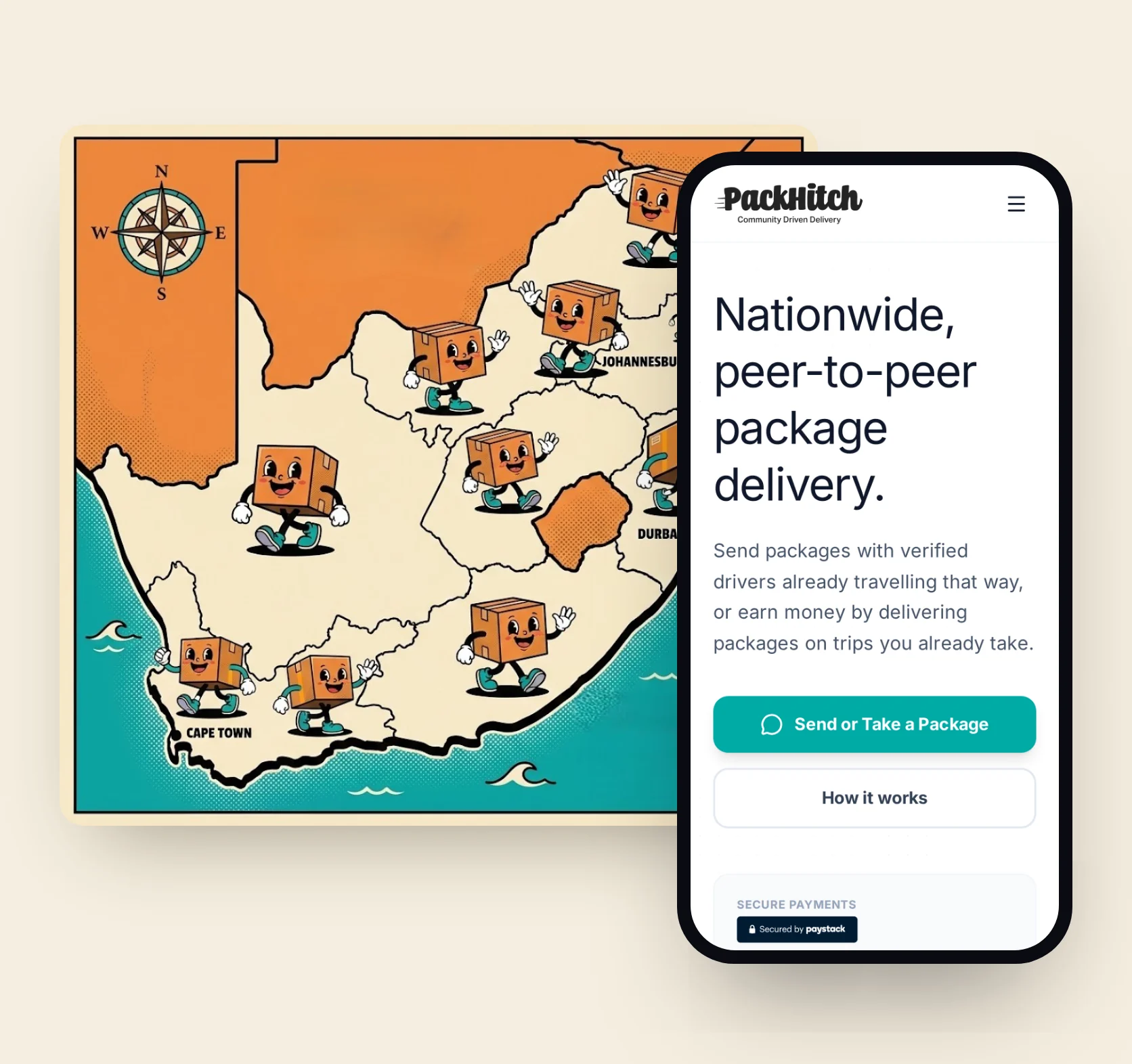 The PackHitch website on a phone, beside its illustrated map of parcels walking across South Africa